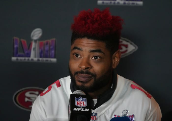San Francisco 49ers WR Jauan Jennings during media availabilities before the Super Bowl. (Photo by Kirby Lee of USA Today Sports)